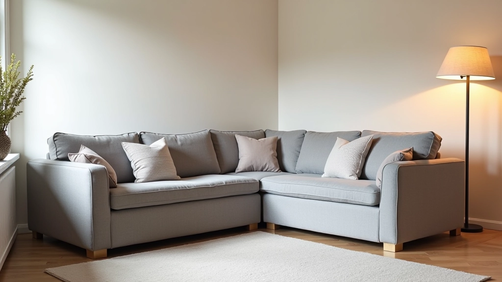 Living room with compact L-shaped sofa featuring storage compartments and pull-out bed functionality for guest accommodation