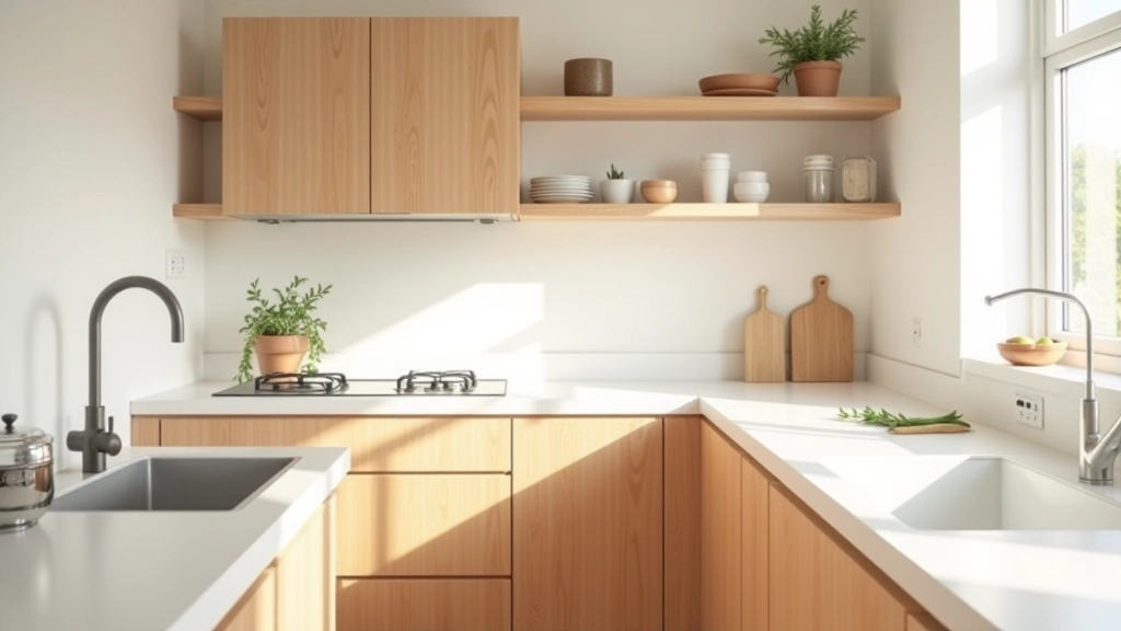 Compact kitchen with light wood cabinetry and multi-functional storage solutions for small spaces