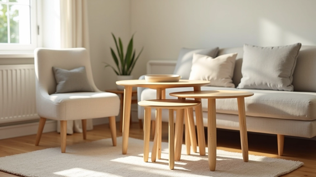 Living room corner with wooden nesting tables stacked together, lift-top coffee table with storage compartment, neutral cushions, and minimal décor