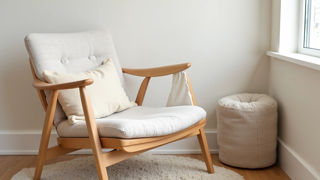 Minimalist living room corner with wooden chair, wool blanket, linen cushions, and natural light from window
