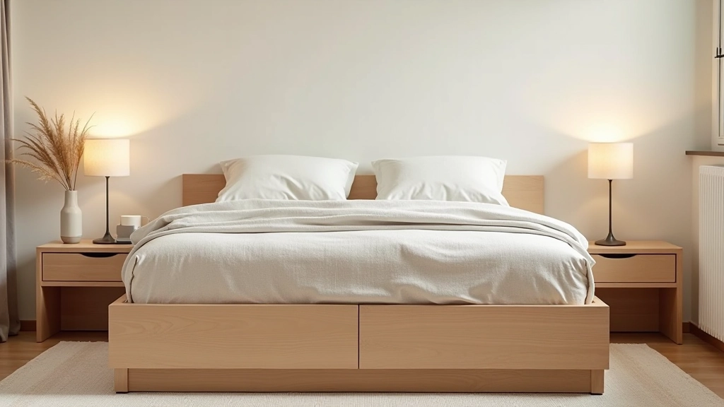 Modern bedroom with platform bed frame featuring integrated storage drawers beneath, warm wood tones, and minimalist styling