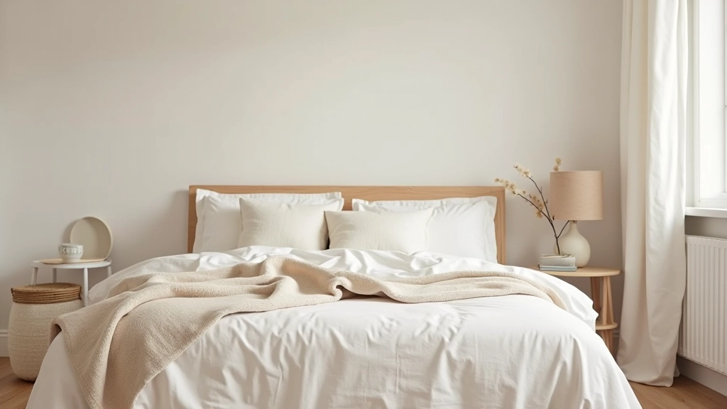 Cozy bedroom corner with natural wool blanket draped over bed frame and wooden dresser