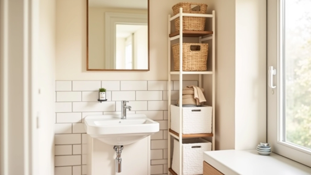 Compact bathroom with tall narrow shelving unit, woven storage baskets, mirror medicine cabinet, and minimal fixtures to maximize limited floor space